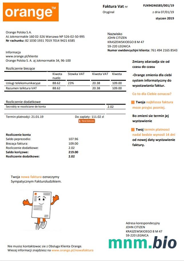 Polski pomarańczowy szablon rachunku za media w formacie Word i PDF